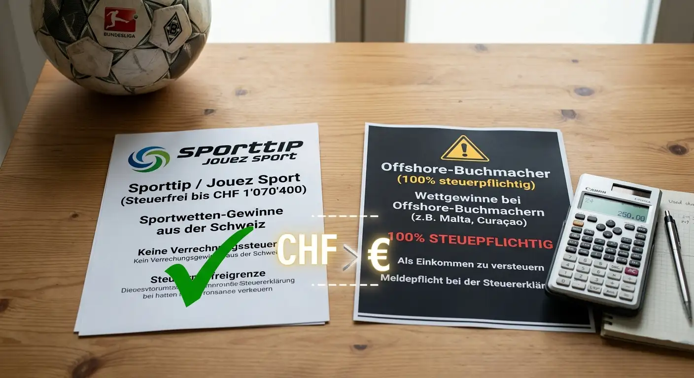 Sportwetten Steuern Schweiz – Steuerfreiheit bei Sporttip bis CHF 1'070'400 versus volle Einkommenssteuerpflicht bei Offshore-Buchmachern